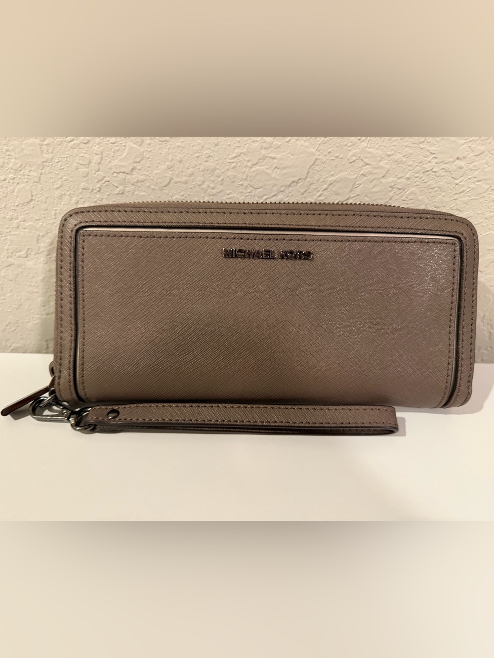 Michael Kors Taupe Saffiano Zip Wristlet Wallet with Detachable Strap
